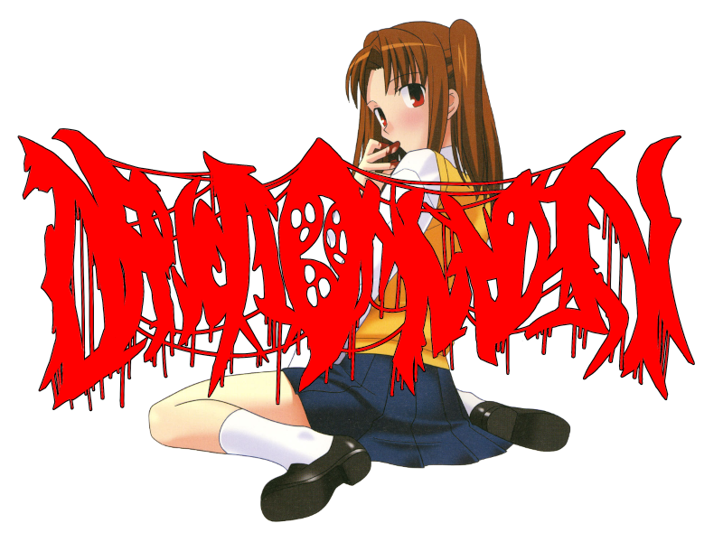 Satsuki, who sits in front of the Depletion Garden logo, sucks blood from her fingers.