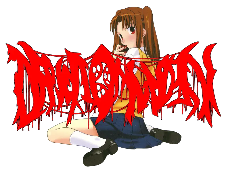 Satsuki, who sits in front of the Depletion Garden logo, sucks blood from her fingers.