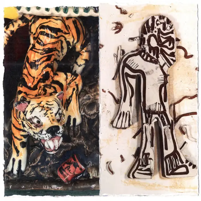 The album cover of Earl Sweatshirt, MIKE, and SURF GANG's POMPEII // UTILITY, which is split in two, with one side featuring a porcelain tiger and the other an abstracted human figure.